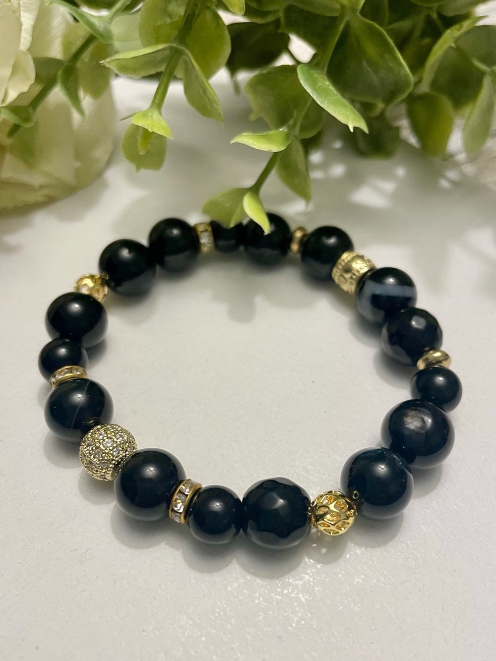 Black Agate Bracelet with Gold accents 10mm stretch, handmade